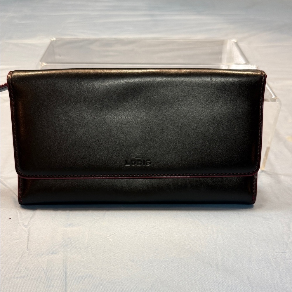 Lodis Black and Burgundy Leather Clutch. Very Soft Leather